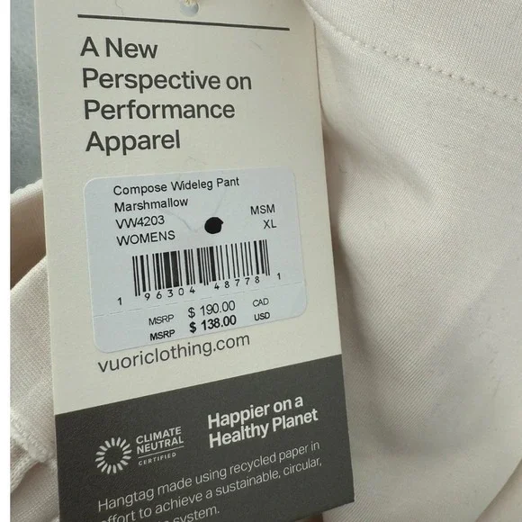 NWT Vuori Women's Compose Wideleg Pant Marshmallow‎ Size XL Activewear Lounge